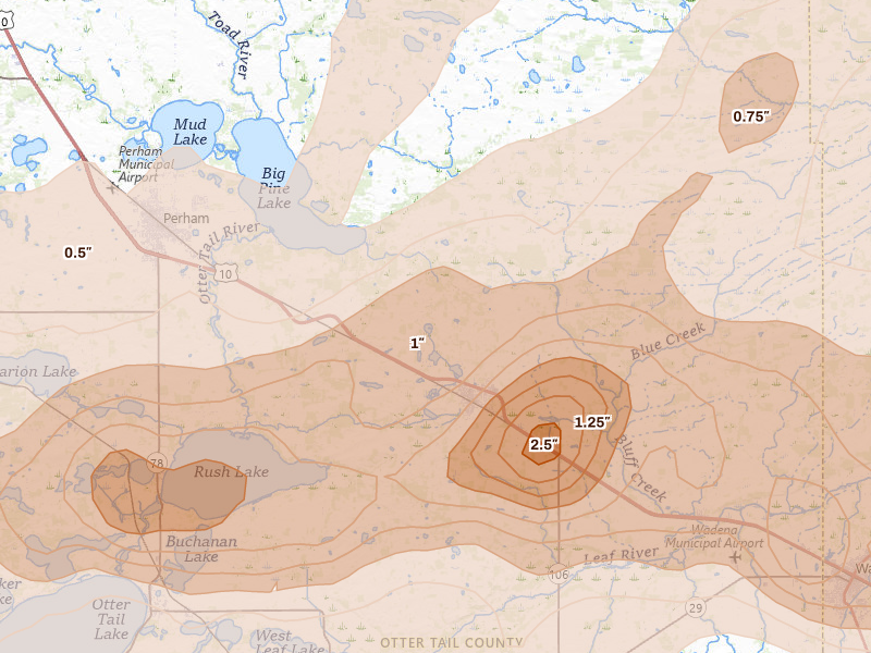 Radar-estimated hail-size map of the storm over New York Mills, MN on Jun 29, 2026
