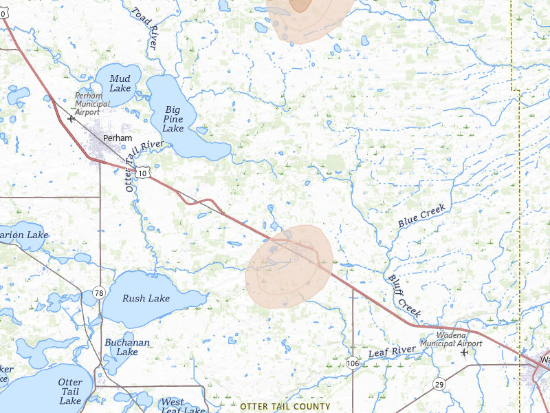 Radar-estimated hail-size map of the storm over New York Mills, MN on Jul 4, 2026