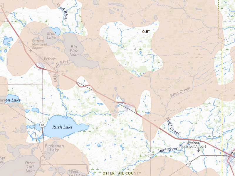 Radar-estimated hail-size map of the storm over New York Mills, MN on Jul 6, 2026