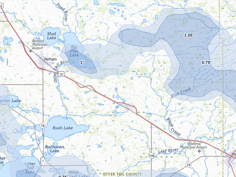 NEXRAD radar-signature map of the hail storm over New York Mills, MN on Jul 6, 2026