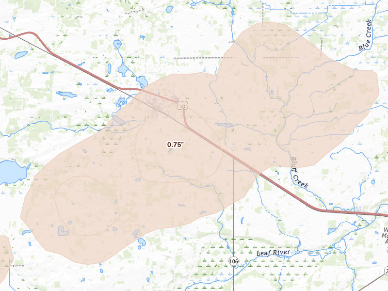 Radar-estimated hail-size map of the storm over New York Mills, MN on Aug 3, 2026