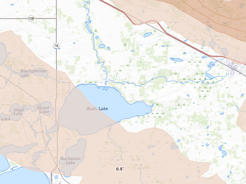 Radar-estimated hail-size map of the storm over New York Mills, MN on Aug 17, 2026