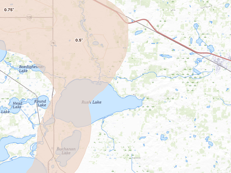 Radar-estimated hail-size map of the storm over New York Mills, MN