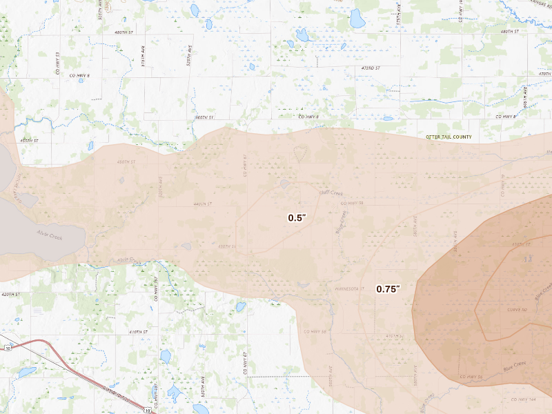 Radar-estimated hail-size map of the storm over New York Mills, MN