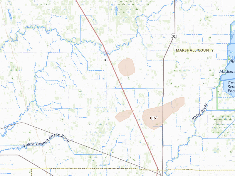 Radar-estimated hail-size map of the storm over Newfolden, MN on Jun 23, 2026