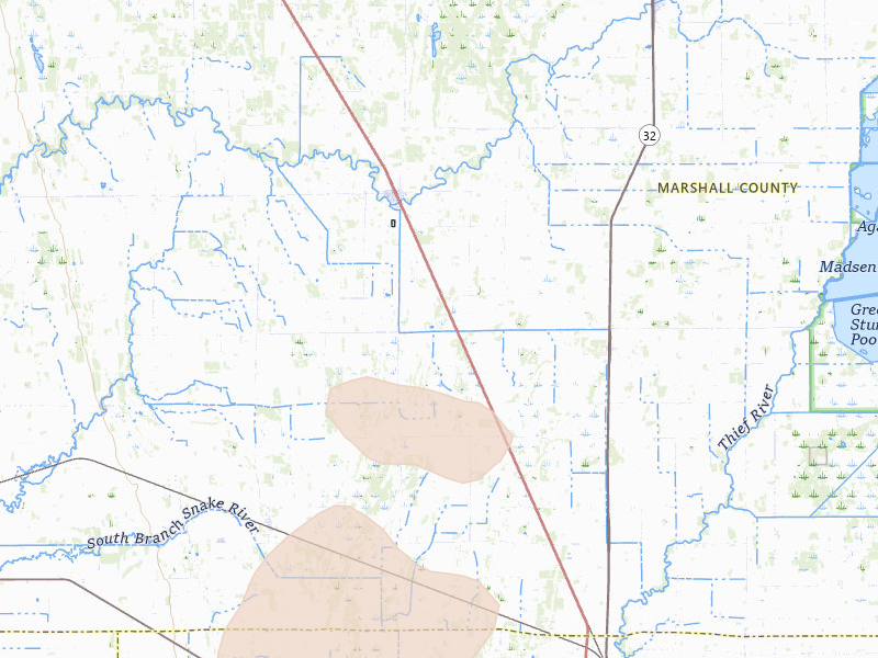 Radar-estimated hail-size map of the storm over Newfolden, MN on Jun 29, 2026