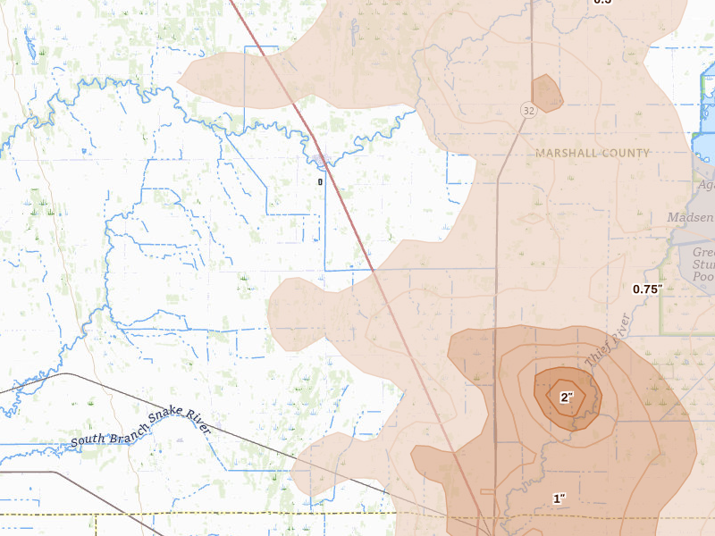 Radar-estimated hail-size map of the storm over Newfolden, MN on Jul 6, 2026