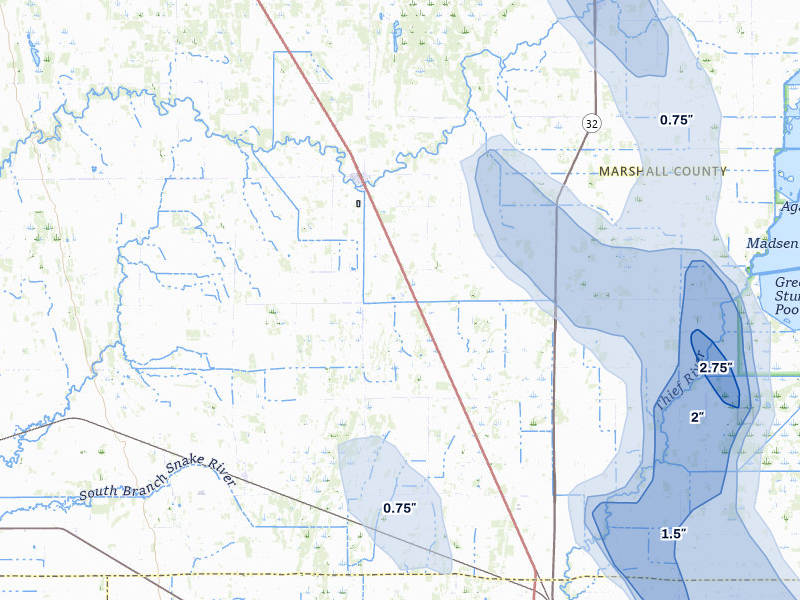 NEXRAD radar-signature map of the hail storm over Newfolden, MN on Jul 6, 2026