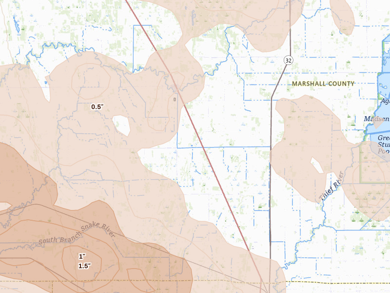Radar-estimated hail-size map of the storm over Newfolden, MN on Jul 24, 2026
