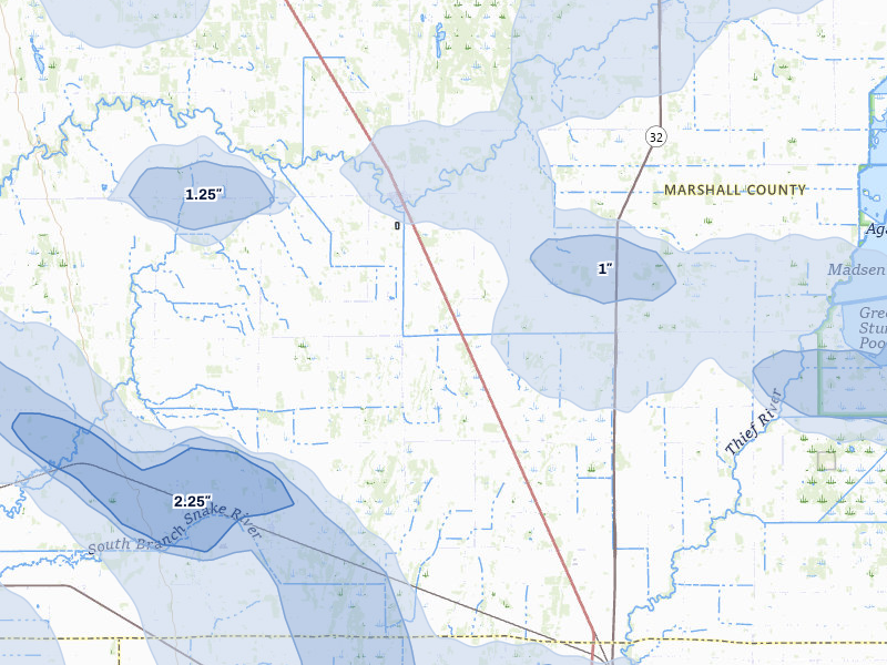 NEXRAD radar-signature map of the hail storm over Newfolden, MN on Jul 24, 2026