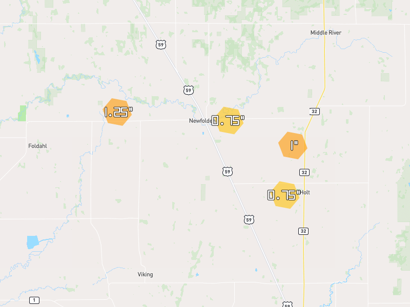 Hail map of Newfolden, MN on Jul 25, 2026, hail up to 1.25"