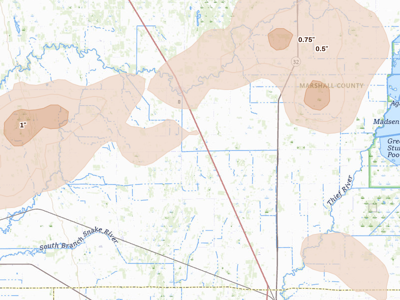 Radar-estimated hail-size map of the storm over Newfolden, MN on Jul 30, 2026