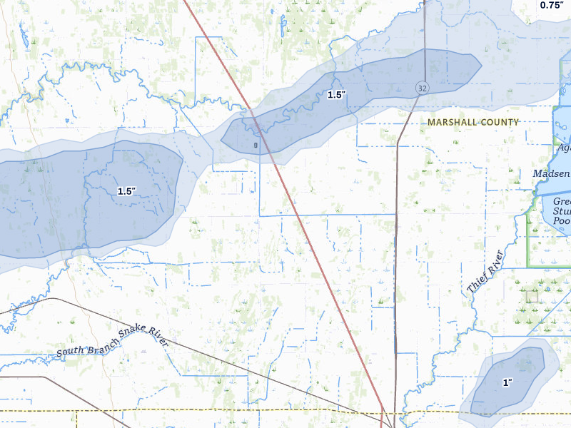 NEXRAD radar-signature map of the hail storm over Newfolden, MN on Jul 30, 2026