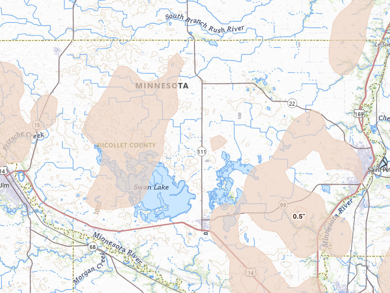Radar-estimated hail-size map of the storm over Nicollet, MN on Apr 17, 2026