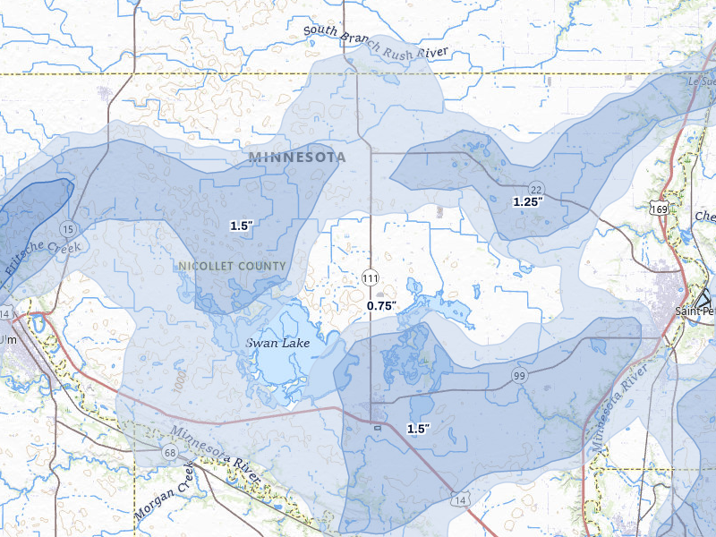 NEXRAD radar-signature map of the hail over Nicollet, MN