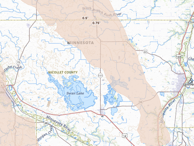 Radar-estimated hail-size map of the storm over Nicollet, MN on May 24, 2026