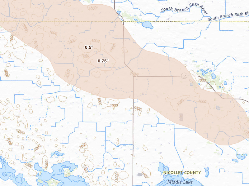 Radar-estimated hail-size map of the storm over Nicollet, MN on Aug 17, 2026
