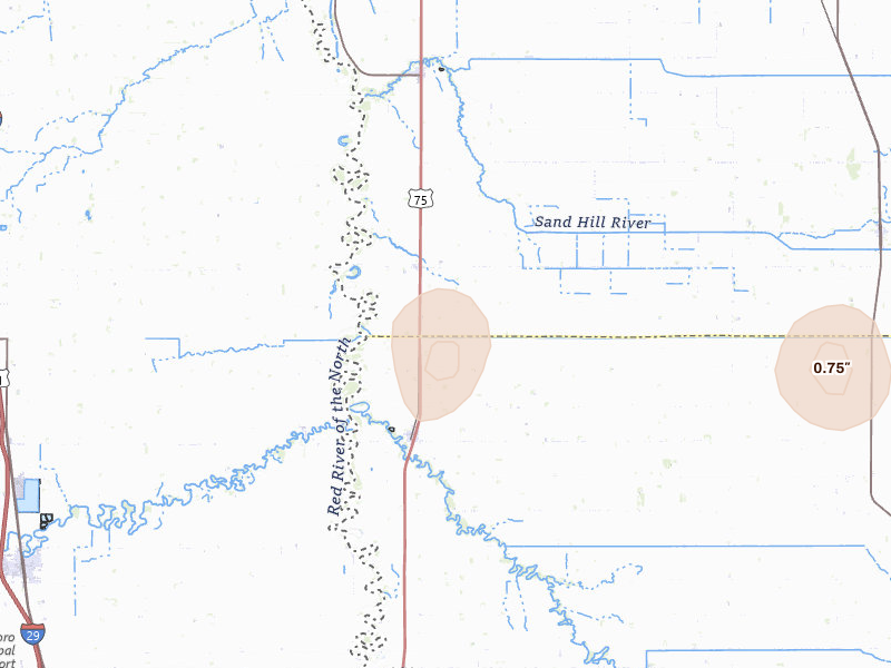 Radar-estimated hail-size map of the storm over Nielsville, MN on Jul 30, 2026