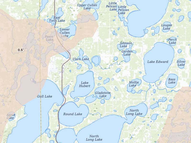 Radar-estimated hail-size map of the storm over Nisswa, MN on Jun 29, 2026