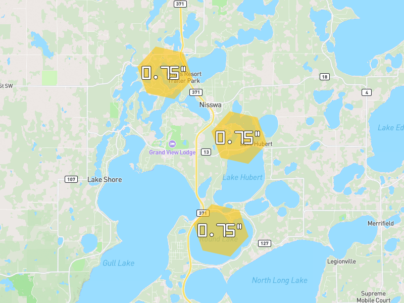 Hail map of Nisswa, MN on Jun 29, 2026, hail up to 0.75"