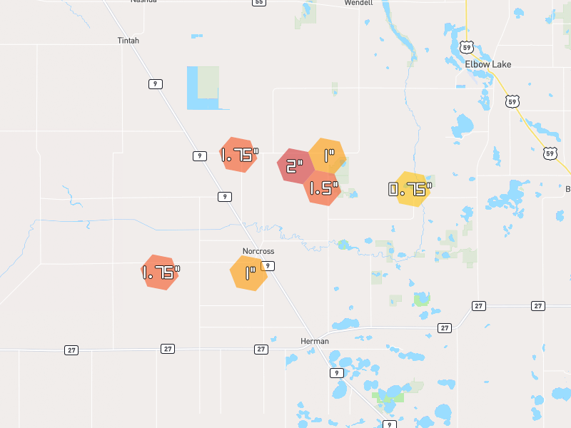 Hail map of Norcross, MN on Jul 7, 2026, hail up to 2"