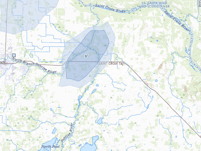 NEXRAD radar-signature map of the hail over North Branch, MN