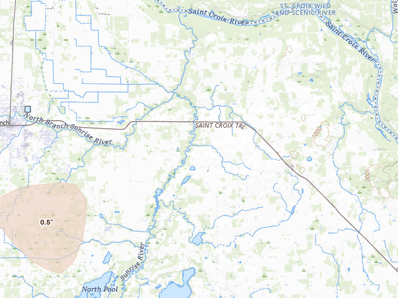 Radar-estimated hail-size map of the storm over North Branch, MN on Jun 9, 2026