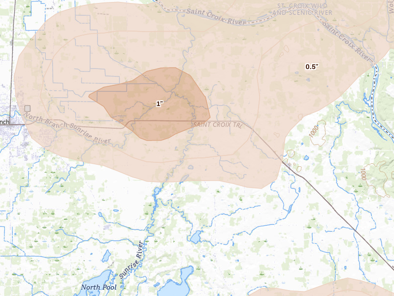Radar-estimated hail-size map of the storm over North Branch, MN on Jun 19, 2026