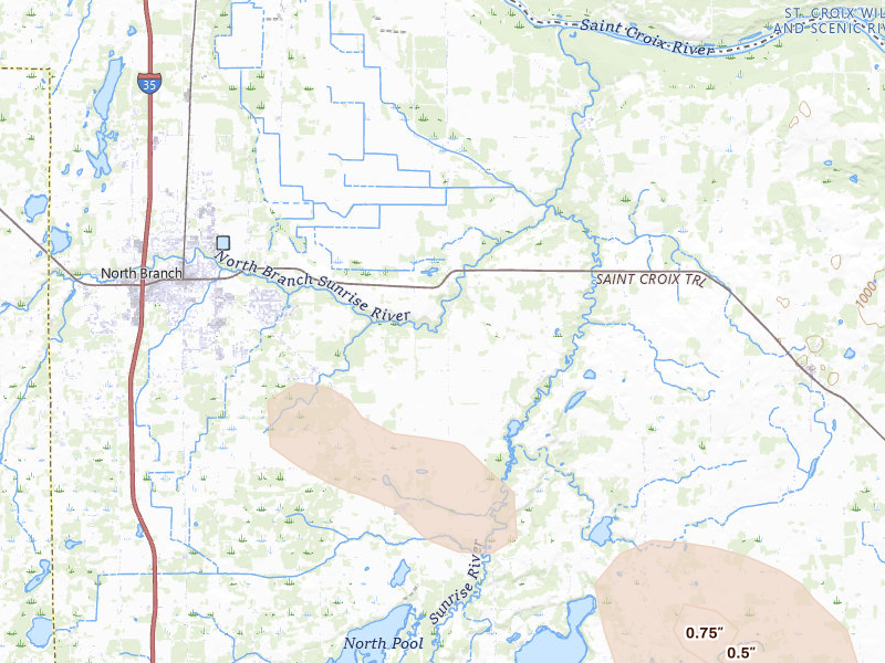Radar-estimated hail-size map of the storm over North Branch, MN on Aug 9, 2026