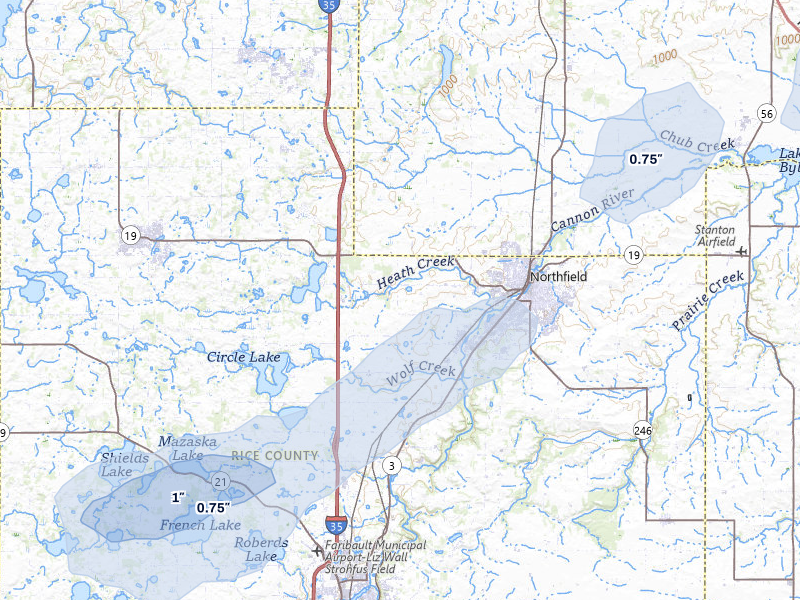 NEXRAD radar-signature map of the hail over Northfield, MN