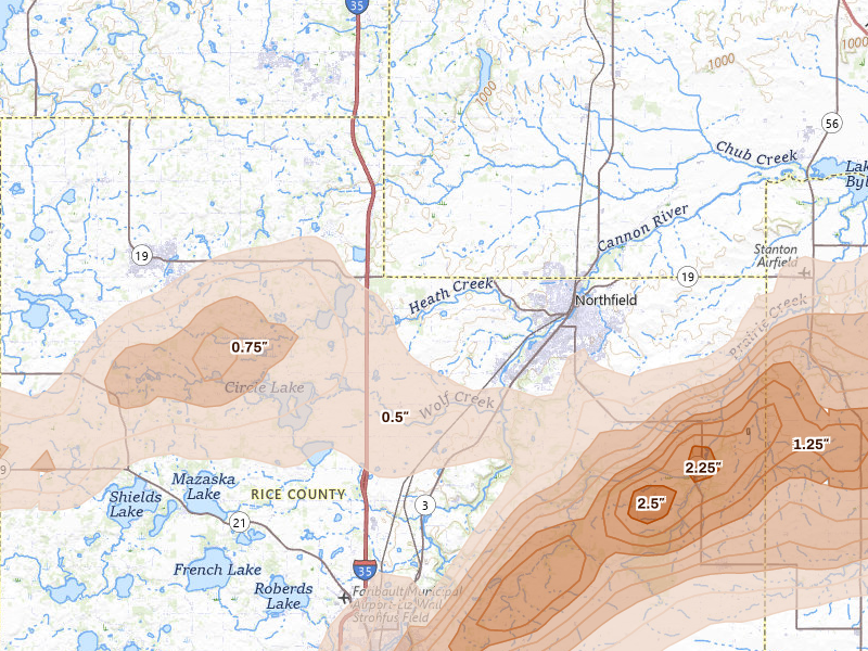 Radar-estimated hail-size map of the storm over Northfield, MN on Apr 13, 2026