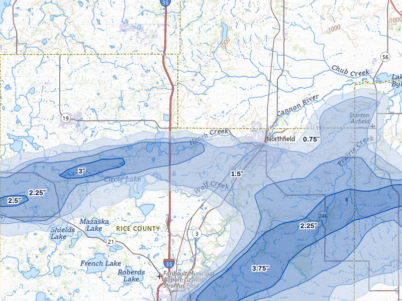 NEXRAD radar-signature map of the hail over Northfield, MN