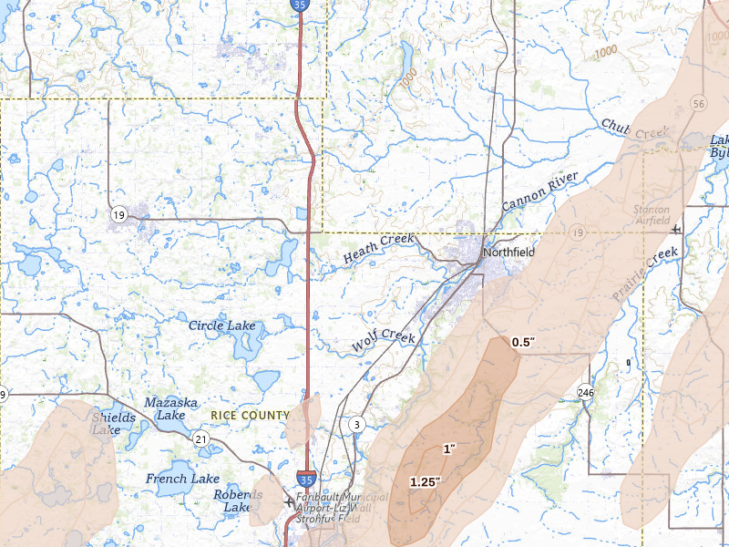 Radar-estimated hail-size map of the storm over Northfield, MN on Apr 17, 2026