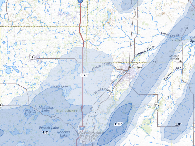 NEXRAD radar-signature map of the hail over Northfield, MN