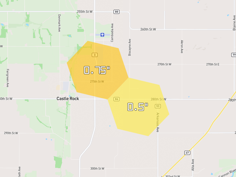 Hail map of Northfield, MN on Jul 26, 2026, hail up to 0.75"