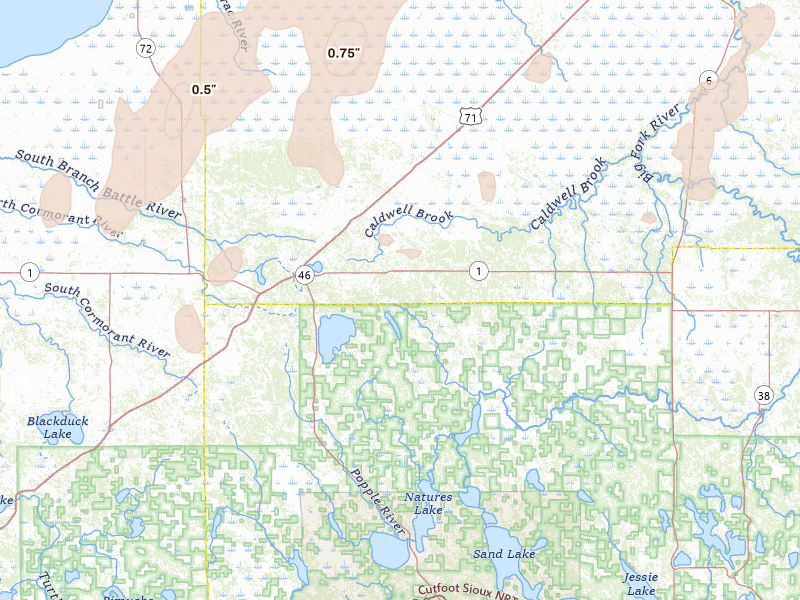 Radar-estimated hail-size map of the storm over Northome, MN on Jun 29, 2026