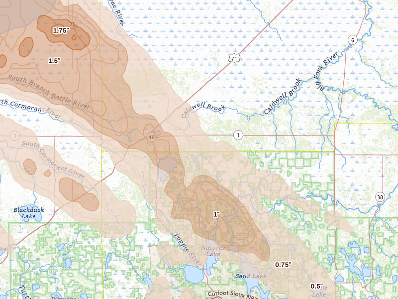 Radar-estimated hail-size map of the storm over Northome, MN on Jul 24, 2026