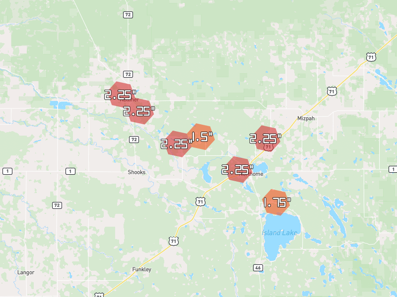 Hail map of Northome, MN on Jul 24, 2026, hail up to 2.25"