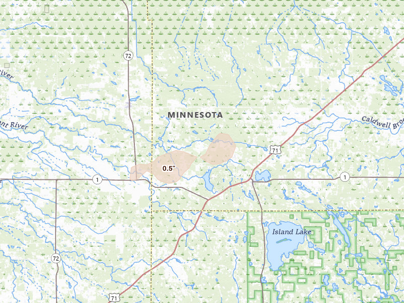 Radar-estimated hail-size map of the storm over Northome, MN on Aug 6, 2026