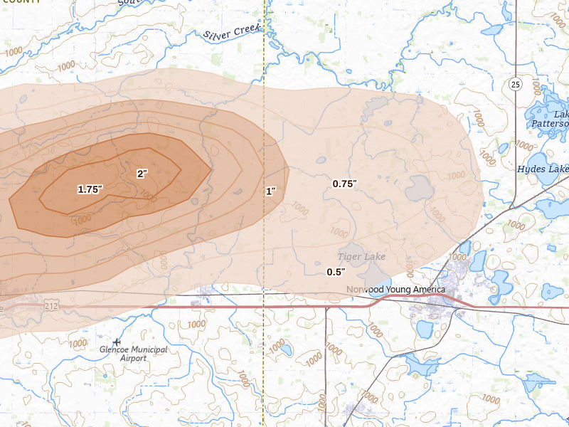 Radar-estimated hail-size map of the storm over Norwood Young America, MN on Aug 7, 2026