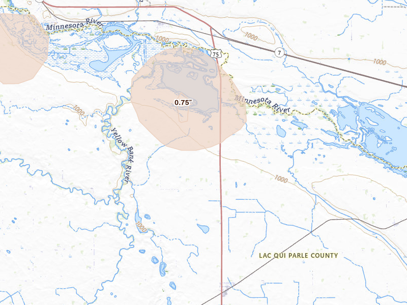 Radar-estimated hail-size map of the storm over Odessa, MN on Jul 4, 2026