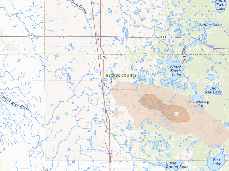 Radar-estimated hail-size map of the storm over Ogema, MN on Jun 23, 2026