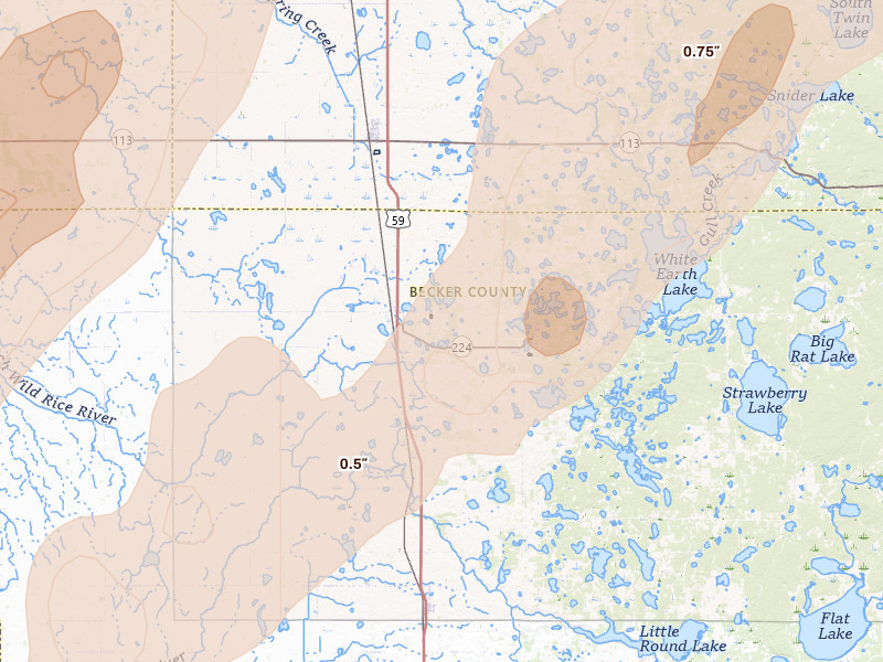 Radar-estimated hail-size map of the storm over Ogema, MN on Jun 29, 2026