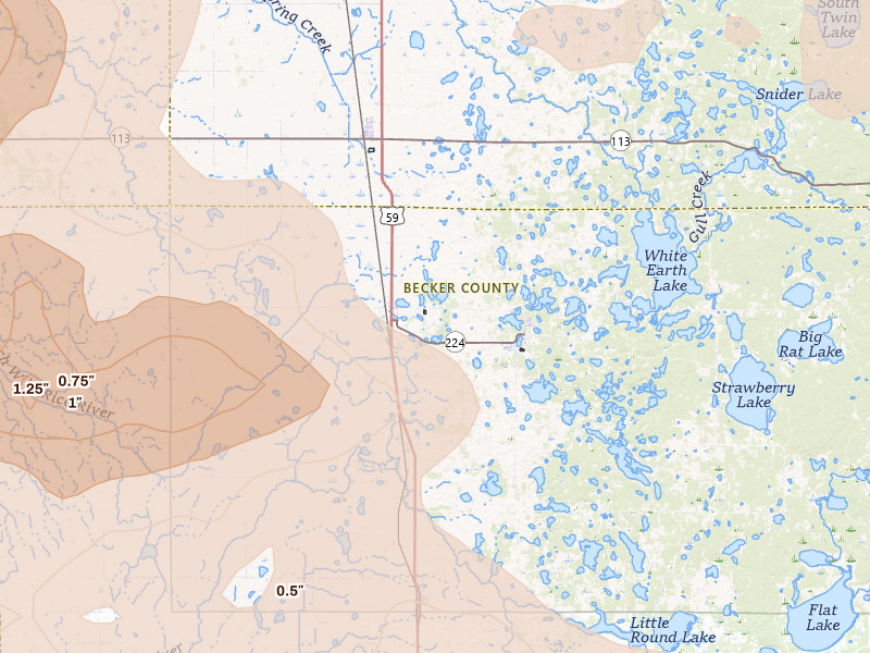 Radar-estimated hail-size map of the storm over Ogema, MN on Jul 6, 2026
