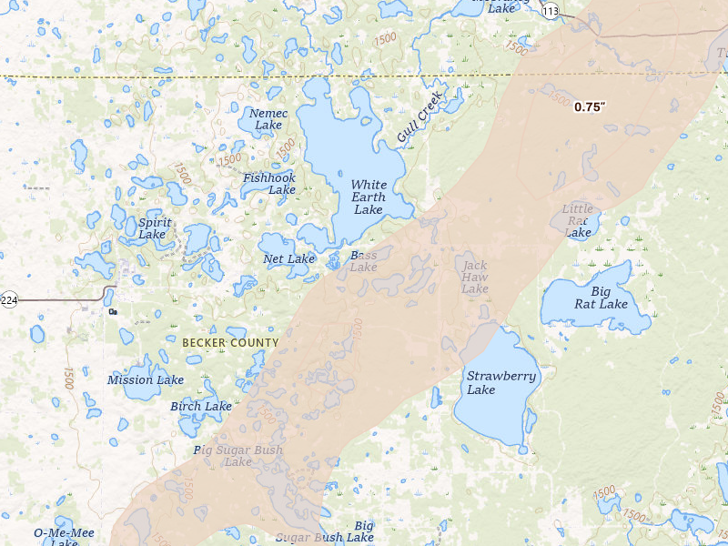 Radar-estimated hail-size map of the storm over Ogema, MN on Aug 3, 2026