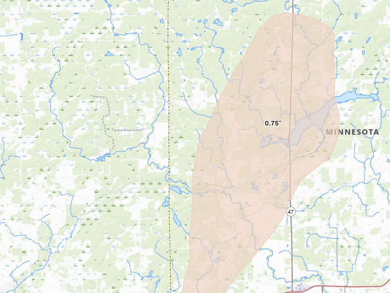 Radar-estimated hail-size map of the storm over Ogilvie, MN on Jun 9, 2026