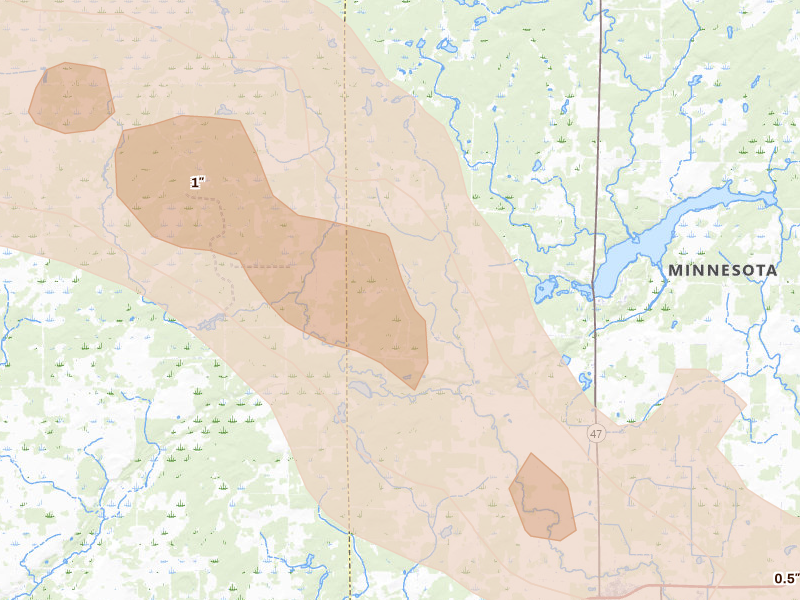 Radar-estimated hail-size map of the storm over Ogilvie, MN on Jun 19, 2026