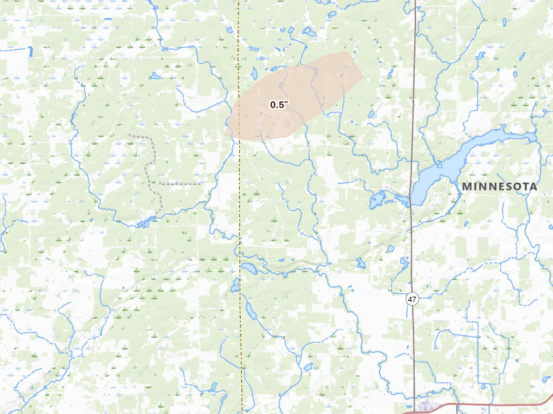 Radar-estimated hail-size map of the storm over Ogilvie, MN on Jun 28, 2026