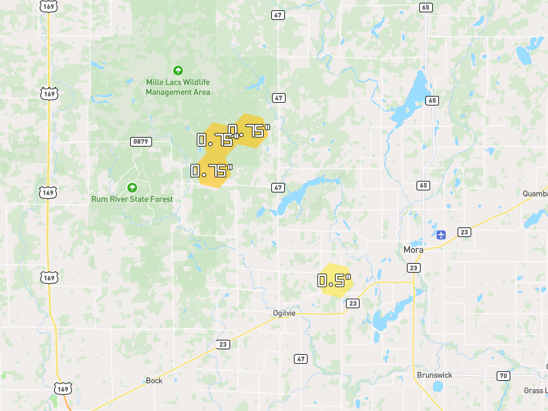 Hail map of Ogilvie, MN on Jun 29, 2026, hail up to 0.75"