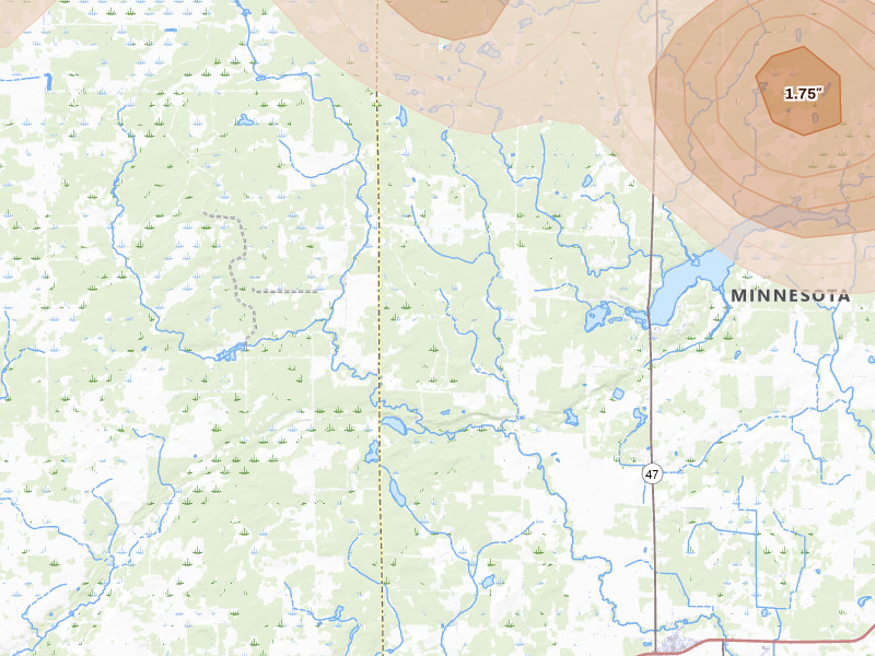 Radar-estimated hail-size map of the storm over Ogilvie, MN on Jul 4, 2026
